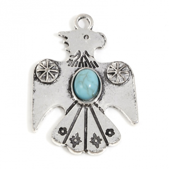 Picture of Zinc Based Alloy Boho Chic Bohemia Pendants Antique Silver Color Green Blue Thunderbird With Resin Cabochons Imitation Turquoise 3.7cm x 2.6cm, 5 PCs