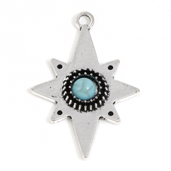 Picture of Zinc Based Alloy Boho Chic Bohemia Pendants Antique Silver Color Green Blue Star With Resin Cabochons Imitation Turquoise 3.9cm x 2.6cm, 5 PCs