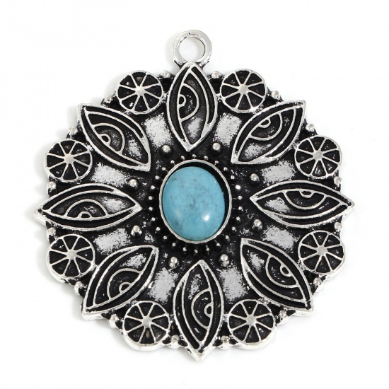 Picture of Zinc Based Alloy Boho Chic Bohemia Pendants Antique Silver Color Green Blue Flower Eye With Resin Cabochons Imitation Turquoise 4.1cm x 3.7cm, 5 PCs
