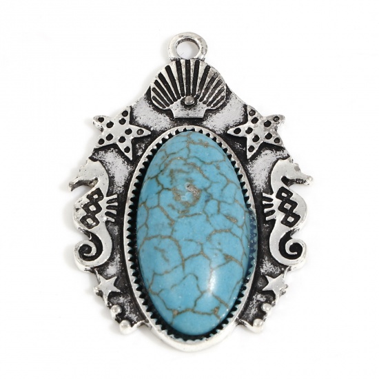 Picture of Zinc Based Alloy Boho Chic Bohemia Pendants Antique Silver Color Green Blue Seahorse Animal Shell With Resin Cabochons Imitation Turquoise 3.9cm x 2.7cm, 5 PCs