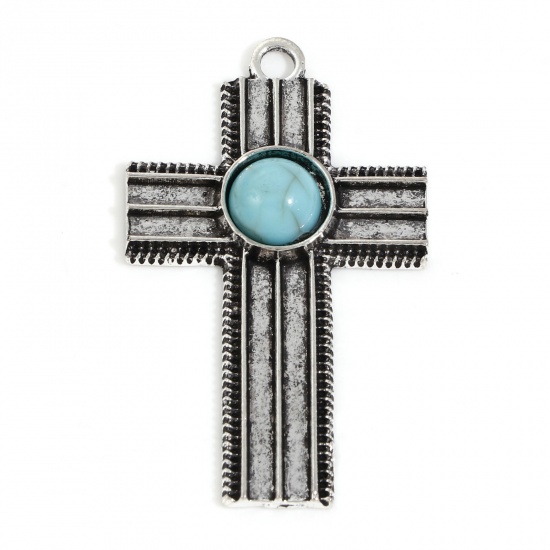 Picture of Zinc Based Alloy Boho Chic Bohemia Pendants Antique Silver Color Green Blue Cross With Resin Cabochons Imitation Turquoise 4.3cm x 2.6cm, 5 PCs