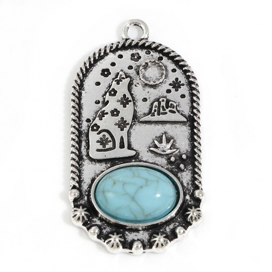 Picture of Zinc Based Alloy Boho Chic Bohemia Pendants Antique Silver Color Green Blue Wolf Moon With Resin Cabochons Imitation Turquoise 4.4cm x 2.3cm, 5 PCs