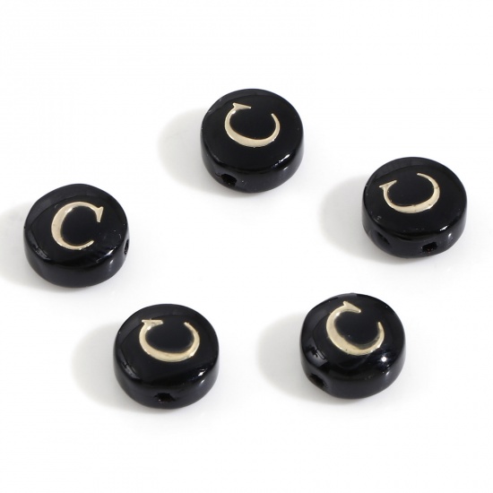 Picture of Natural Dyed Shell Loose Beads For DIY Charm Jewelry Making Round Black Initial Alphabet/ Capital Letter Pattern Message " C " Double Sided About 8mm Dia, Hole:Approx 0.5mm, 5 PCs