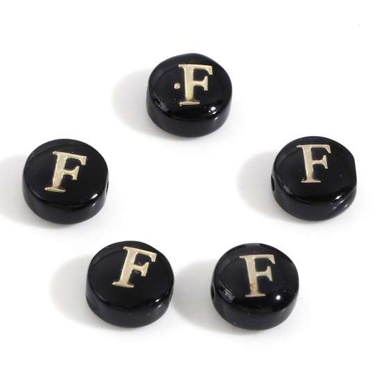 Picture of Natural Dyed Shell Loose Beads For DIY Charm Jewelry Making Round Black Initial Alphabet/ Capital Letter Pattern Message " F " Double Sided About 8mm Dia, Hole:Approx 0.5mm, 5 PCs