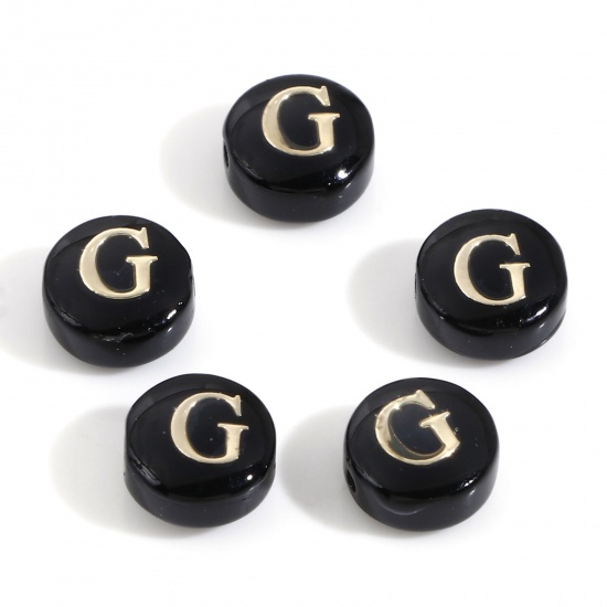 Picture of Natural Dyed Shell Loose Beads For DIY Charm Jewelry Making Round Black Initial Alphabet/ Capital Letter Pattern Message " G " Double Sided About 8mm Dia, Hole:Approx 0.5mm, 5 PCs