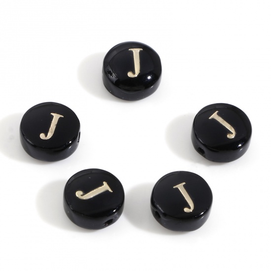 Picture of Natural Dyed Shell Loose Beads For DIY Charm Jewelry Making Round Black Initial Alphabet/ Capital Letter Pattern Message " J " Double Sided About 8mm Dia, Hole:Approx 0.5mm, 5 PCs