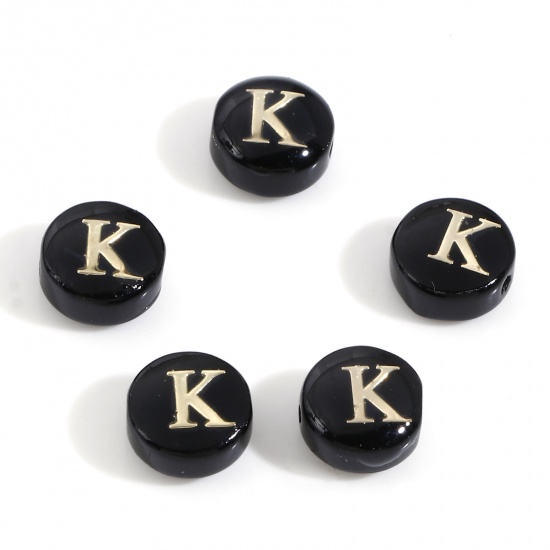 Picture of Natural Dyed Shell Loose Beads For DIY Charm Jewelry Making Round Black Initial Alphabet/ Capital Letter Pattern Message " K " Double Sided About 8mm Dia, Hole:Approx 0.5mm, 5 PCs
