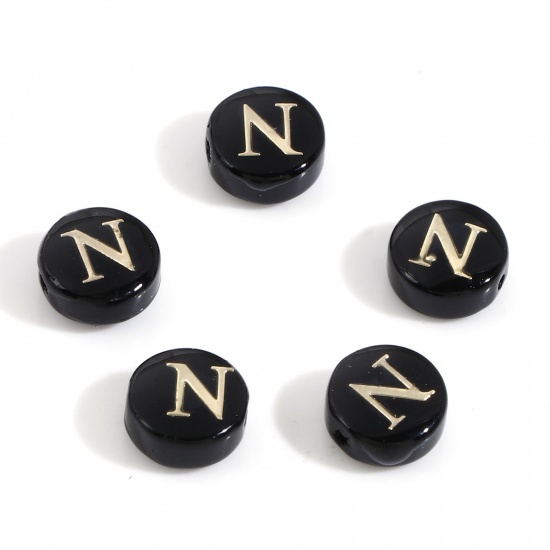 Picture of Natural Dyed Shell Loose Beads For DIY Charm Jewelry Making Round Black Initial Alphabet/ Capital Letter Pattern Message " N " Double Sided About 8mm Dia, Hole:Approx 0.5mm, 5 PCs
