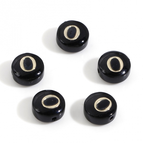 Picture of Natural Dyed Shell Loose Beads For DIY Charm Jewelry Making Round Black Initial Alphabet/ Capital Letter Pattern Message " O " Double Sided About 8mm Dia, Hole:Approx 0.5mm, 5 PCs