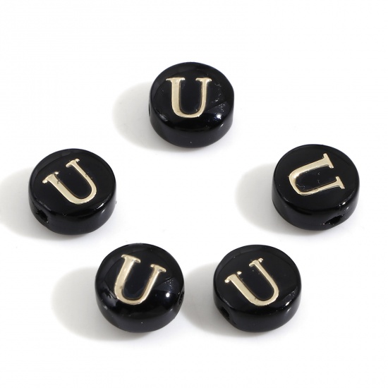Picture of Natural Dyed Shell Loose Beads For DIY Charm Jewelry Making Round Black Initial Alphabet/ Capital Letter Pattern Message " U " Double Sided About 8mm Dia, Hole:Approx 0.5mm, 5 PCs