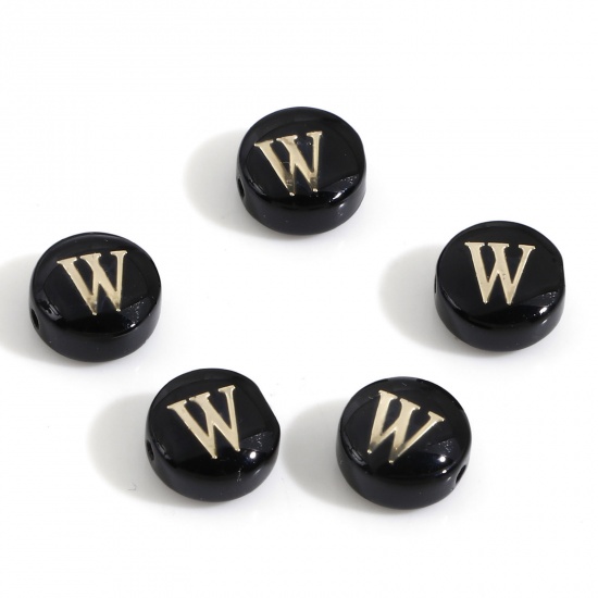 Picture of Natural Dyed Shell Loose Beads For DIY Charm Jewelry Making Round Black Initial Alphabet/ Capital Letter Pattern Message " W " Double Sided About 8mm Dia, Hole:Approx 0.5mm, 5 PCs