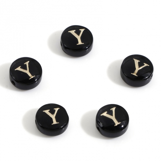 Picture of Natural Dyed Shell Loose Beads For DIY Charm Jewelry Making Round Black Initial Alphabet/ Capital Letter Pattern Message " Y " Double Sided About 8mm Dia, Hole:Approx 0.5mm, 5 PCs