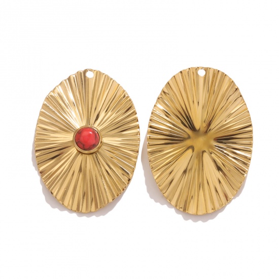 Picture of 1 Piece 304 Stainless Steel & Stone Boho Chic Bohemia Charms 18K Gold Color Red Oval 40mm x 28mm