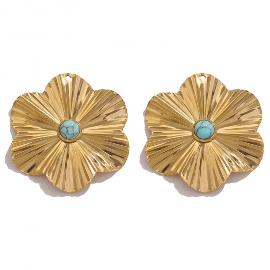 Picture of 1 Piece 304 Stainless Steel & Stone Boho Chic Bohemia Charms 18K Gold Color Green Blue Flower 38mm