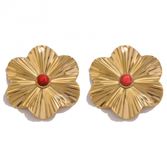 Picture of 1 Piece 304 Stainless Steel & Stone Boho Chic Bohemia Charms 18K Gold Color Red Flower 38mm