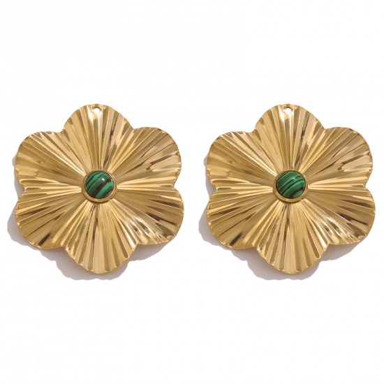 Picture of 1 Piece 304 Stainless Steel & Stone Boho Chic Bohemia Charms 18K Gold Color Green Flower 38mm