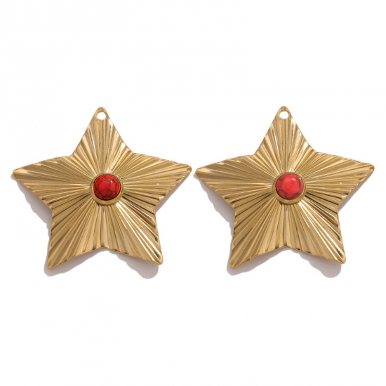 Picture of 1 Piece 304 Stainless Steel & Stone Boho Chic Bohemia Charms 18K Gold Color Red Pentagram Star 42mm Dia.