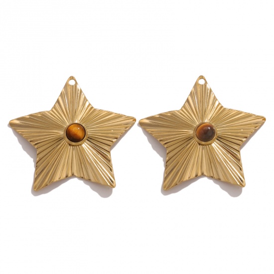 Picture of 1 Piece 304 Stainless Steel & Stone Boho Chic Bohemia Charms 18K Gold Color Brown Pentagram Star 42mm Dia.
