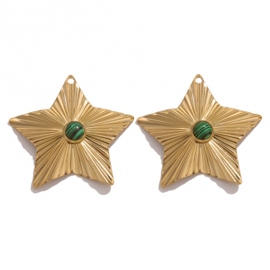 Picture of 1 Piece 304 Stainless Steel & Stone Boho Chic Bohemia Charms 18K Gold Color Green Pentagram Star 42mm Dia.