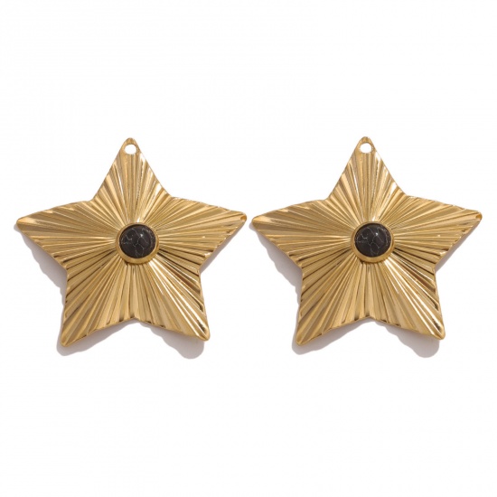 Picture of 1 Piece 304 Stainless Steel & Stone Boho Chic Bohemia Charms 18K Gold Color Black Pentagram Star 42mm Dia.