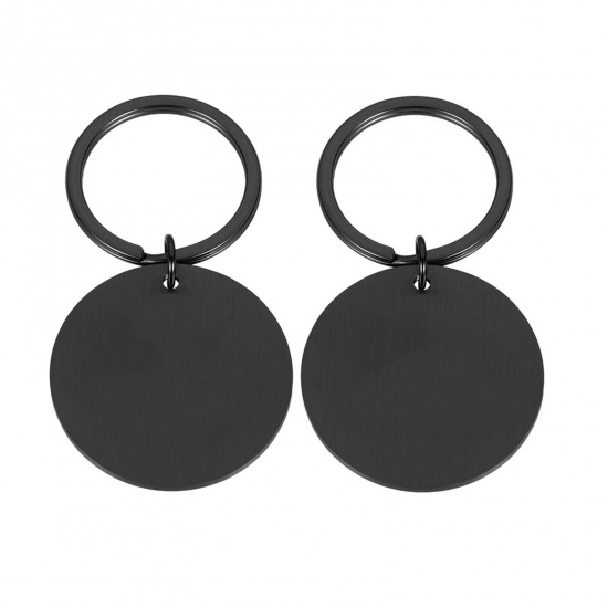 Picture of 2 PCs Stainless Steel & Iron Based Alloy Blank Stamping Tags Keychain & Keyring Black Round Double-sided Polishing 20mm
