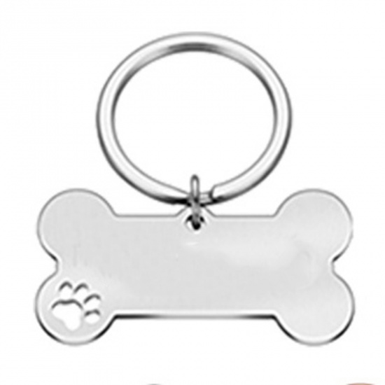Picture of 1 Piece Stainless Steel & Iron Based Alloy Pet Memorial Blank Stamping Tags Keychain & Keyring Silver Tone Bone Paw Print Double-sided Polishing 50mm x 28mm