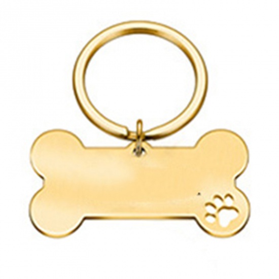 Picture of 1 Piece Stainless Steel & Iron Based Alloy Pet Memorial Blank Stamping Tags Keychain & Keyring Gold Plated Bone Paw Print Double-sided Polishing 50mm x 28mm