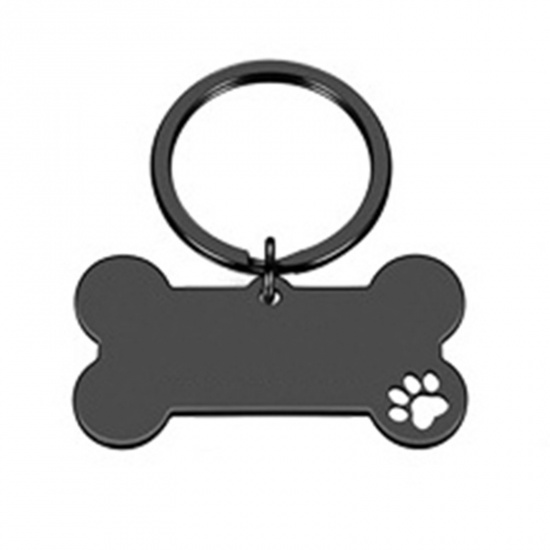 Picture of 1 Piece Stainless Steel & Iron Based Alloy Pet Memorial Blank Stamping Tags Keychain & Keyring Black Bone Paw Print Double-sided Polishing 50mm x 28mm