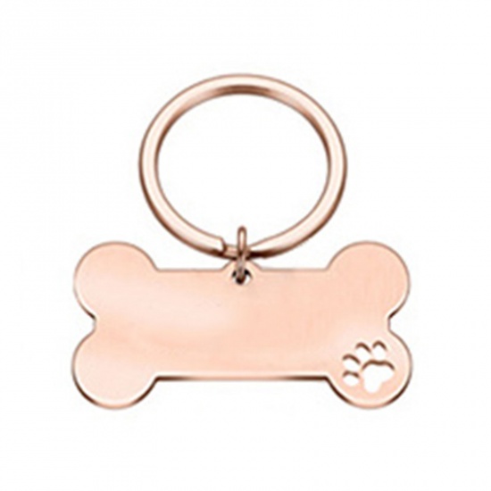 Picture of 1 Piece Stainless Steel & Iron Based Alloy Pet Memorial Blank Stamping Tags Keychain & Keyring Rose Gold Bone Paw Print Double-sided Polishing 50mm x 28mm