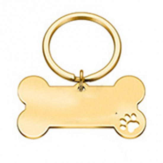 Picture of 1 Piece Stainless Steel & Iron Based Alloy Pet Memorial Blank Stamping Tags Keychain & Keyring Gold Plated Bone Paw Print Double-sided Polishing 40mm x 21mm