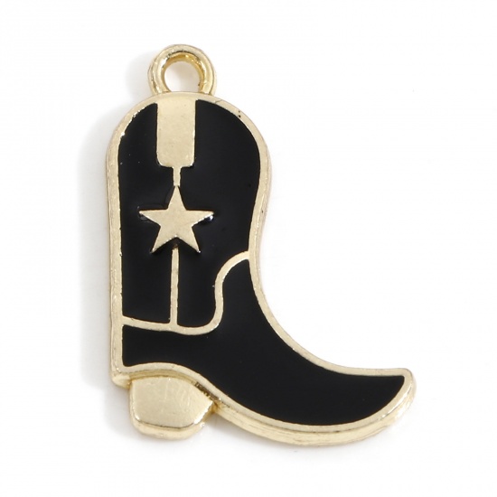 Picture of Zinc Based Alloy West Cowboy Charms Gold Plated Black Boots Enamel 23mm x 16mm, 20 PCs