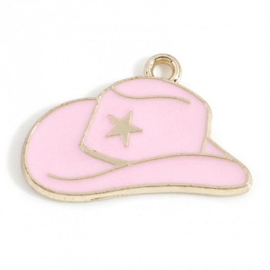 Picture of Zinc Based Alloy West Cowboy Charms Gold Plated Pink Hat Enamel 24mm x 16mm, 20 PCs