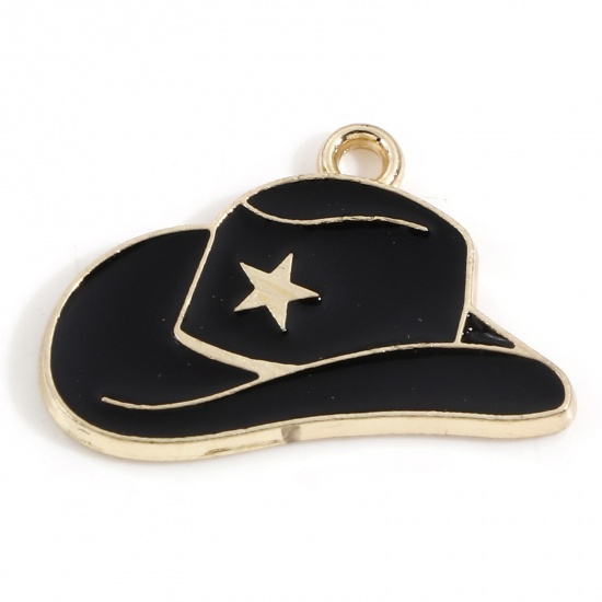 Immagine di Lega di Zinco Cowboy dell'Ovest Charms Oro Placcato Nero Cappello Smalto 24mm x 16mm, 20 Pz