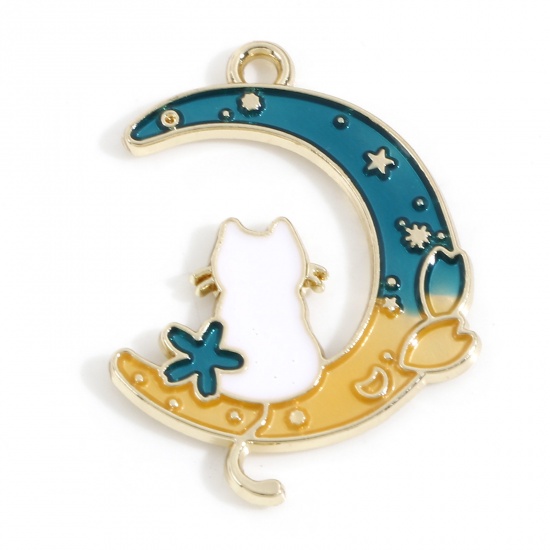 Picture of Zinc Based Alloy Galaxy Charms Gold Plated Green Blue Half Moon Cat Enamel 28mm x 20mm, 10 PCs