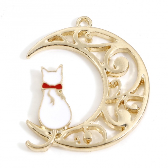 Picture of Zinc Based Alloy Galaxy Charms Gold Plated White Half Moon Cat Enamel 3.1cm x 2.6cm, 10 PCs