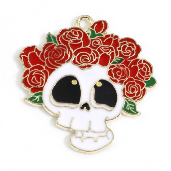 Picture of Zinc Based Alloy Halloween Pendants Gold Plated White & Red Skeleton Skull Flower Enamel 3.1cm x 3cm, 10 PCs