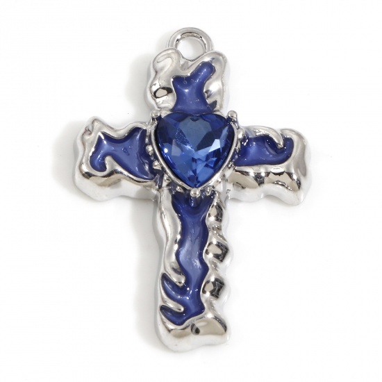 Picture of Zinc Based Alloy Religious Charms Silver Tone Blue Cross Enamel Blue Rhinestone 28mm x 19mm, 5 PCs