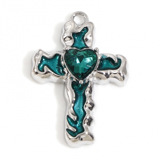 Picture of Zinc Based Alloy Religious Charms Silver Tone Green Cross Enamel Green Rhinestone 28mm x 19mm, 5 PCs