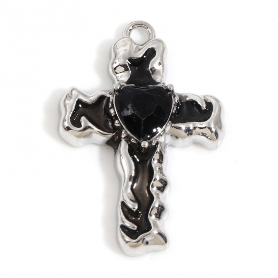 Picture of Zinc Based Alloy Religious Charms Silver Tone Black Cross Enamel Black Rhinestone 28mm x 19mm, 5 PCs