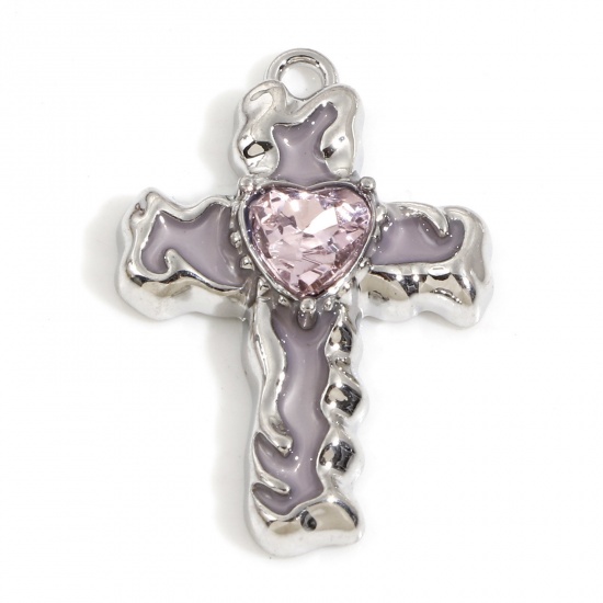 Picture of Zinc Based Alloy Religious Charms Silver Tone Light Pink Cross Enamel Light Pink Rhinestone 28mm x 19mm, 5 PCs