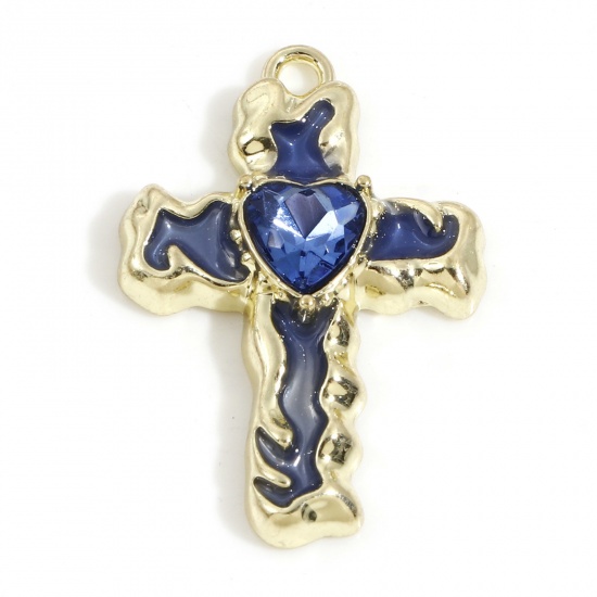 Picture of Zinc Based Alloy Religious Charms Light Golden Blue Cross Enamel Blue Rhinestone 28mm x 19mm, 5 PCs