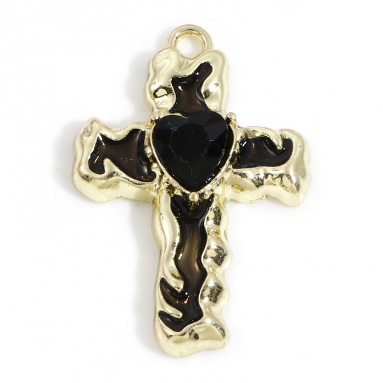 Picture of Zinc Based Alloy Religious Charms Light Golden Black Cross Enamel Black Rhinestone 28mm x 19mm, 5 PCs