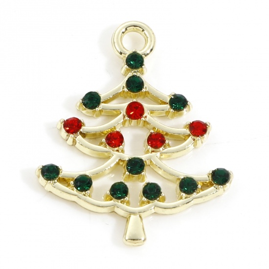 Picture of Zinc Based Alloy Christmas Charms Light Golden Christmas Tree Hollow Red & Green Rhinestone 22mm x 17mm, 10 PCs