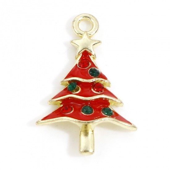 Picture of Zinc Based Alloy Christmas Charms Light Golden Red Christmas Tree Enamel Multicolor Rhinestone 22.5mm x 15mm, 10 PCs