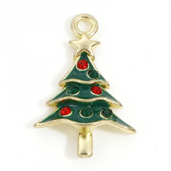 Picture of Zinc Based Alloy Christmas Charms Light Golden Green Christmas Tree Enamel Multicolor Rhinestone 22.5mm x 15mm, 10 PCs
