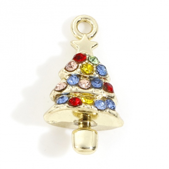 Picture of Zinc Based Alloy Christmas Charms Light Golden Christmas Tree 3D Multicolor Rhinestone 21mm x 11mm, 10 PCs