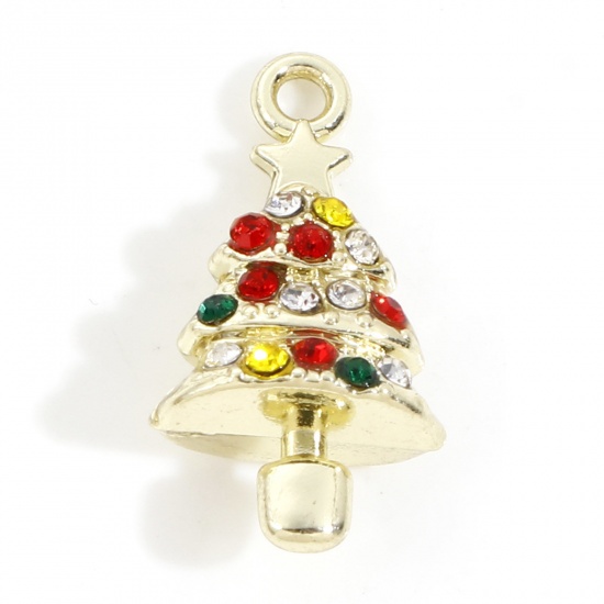 Immagine di Lega di Zinco Natale Charms Oro Chiaro Albero di Natale Multicolore Strass 3D 21mm x 11mm, 10 Pz