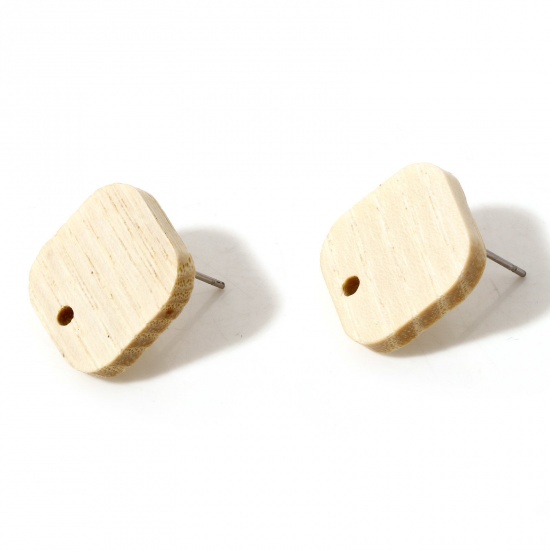 Picture of Fraxinus Wood Geometry Series Ear Post Stud Earrings Findings Square Creamy-White With Loop 16mm x 16mm, Post/ Wire Size: (21 gauge), 10 PCs