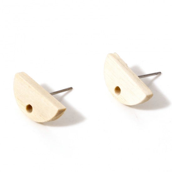 Picture of Fraxinus Wood Geometry Series Ear Post Stud Earrings Findings Half Round Creamy-White With Loop 16mm x 8mm, Post/ Wire Size: (21 gauge), 10 PCs