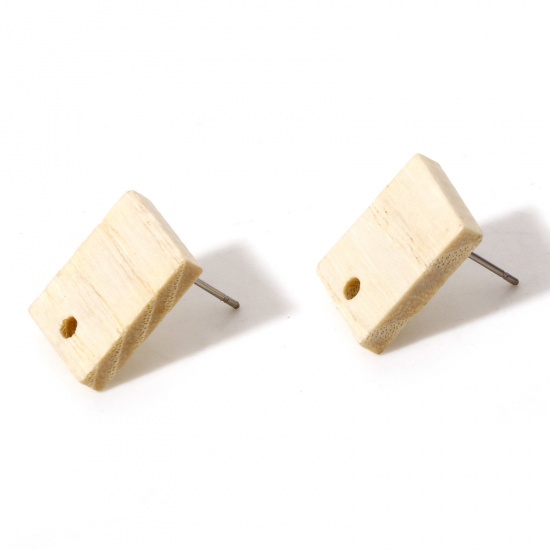 Picture of Fraxinus Wood Geometry Series Ear Post Stud Earrings Findings Rectangle Creamy-White With Loop 15.5mm x 11mm, Post/ Wire Size: (21 gauge), 10 PCs